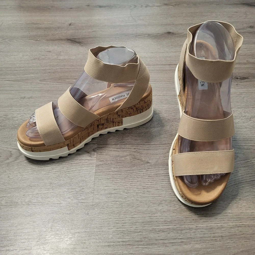 Steve Madden Bandi Tan Elastic Platform Cork Wedge Sandals Women's 6.5 Neutral